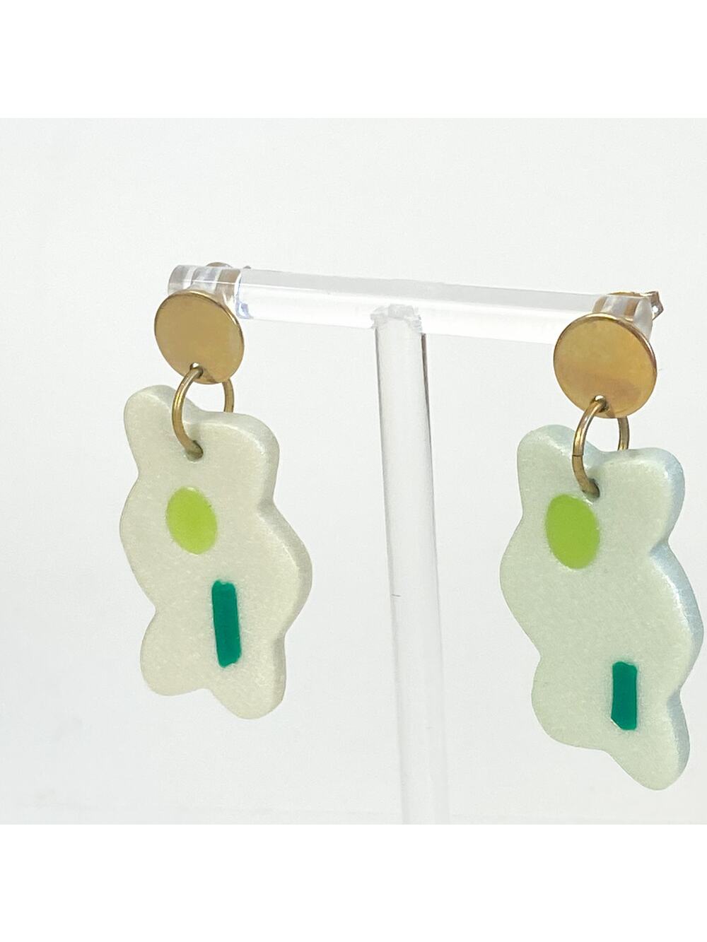 Polymer Clay Artsy White and Green Earrings Dangly Post Gold Tone
